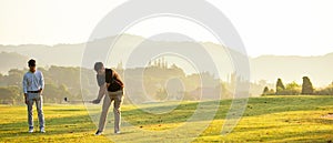 Group golfer sport course golf ball fairway.Â  People lifestyle playing game golf tee of on the green grass.